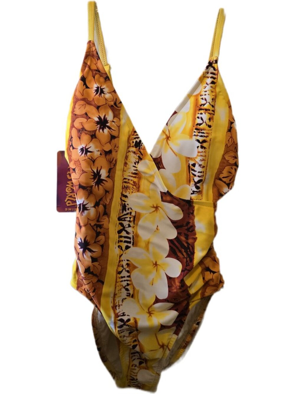 NWT Vintage Hawaiian Floral One Piece Swimsuit Yellow Hibiscus Flower New Swim M